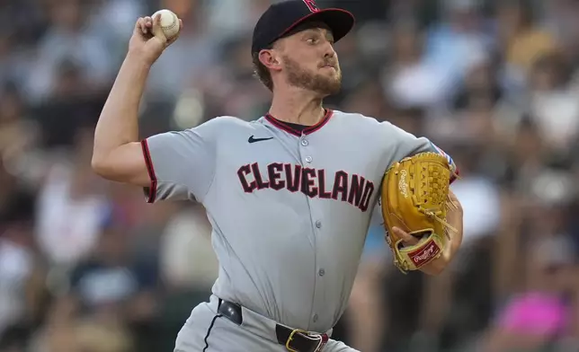 Cleveland Guardians starting pitcher Tanner Bibee throws against the Chicago White Sox during the first inning of a baseball game Friday, Aug. 8, 2025, in Chicago. (AP Photo/Erin Hooley)