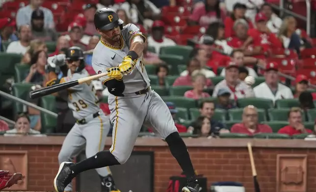 Pittsburgh Pirates' Tommy Pham hits a two-run single during the sixth inning of a baseball game against the St. Louis Cardinals Wednesday, Aug. 27, 2025, in St. Louis. (AP Photo/Jeff Roberson)