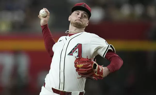 Arizona Diamondbacks starting pitcher Ryne Nelson throws against the San Diego Padres during the first inning of a baseball game Tuesday, Aug. 5, 2025, in Phoenix. (AP Photo/Ross D. Franklin)