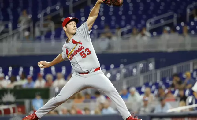 St. Louis Cardinals starting pitcher Andre Pallante throws during the first inning of a baseball game against the Miami Marlins, Wednesday, Aug. 20, 2025, in Miami. (AP Photo/Rhona Wise)