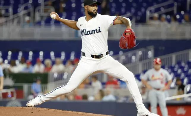 Miami Marlins pitcher Sandy Alcantara throws during the first inning of a baseball game against the St. Louis Cardinals, Wednesday, Aug. 20, 2025, in Miami. (AP Photo/Rhona Wise)