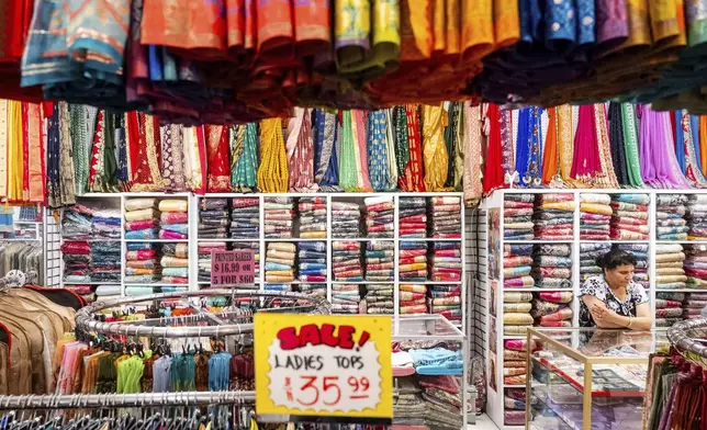 A worker waits for customers at Roopam Sarees, which sells clothing imported from India, on Thursday, July 31, 2025, in Berkeley, Calif. (AP Photo/Noah Berger)