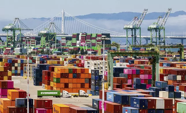 Cargo containers line a shipping terminal at the Port of Oakland on Thursday, July 31, 2025, in Oakland, Calif. (AP Photo/Noah Berger)