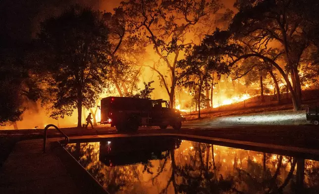 A firefighter battles the Pickett Fire burning in the Aetna Springs area of Napa County, Calif., on Saturday, Aug. 23, 2025. (AP Photo/Noah Berger)