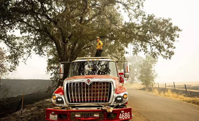 A firefighter stands atop a truck while battling the Pickett Fire burning in the Aetna Springs area of Napa County, Calif., on Sunday, Aug. 24, 2025. (AP Photo/Noah Berger)