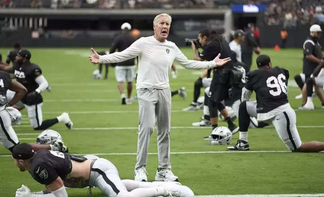 Las Vegas Raiders head coach Pete Carroll motions to fans at the team's NFL football training camp Saturday, Aug. 2, 2025, in Las Vegas. (AP Photo/John Locher)