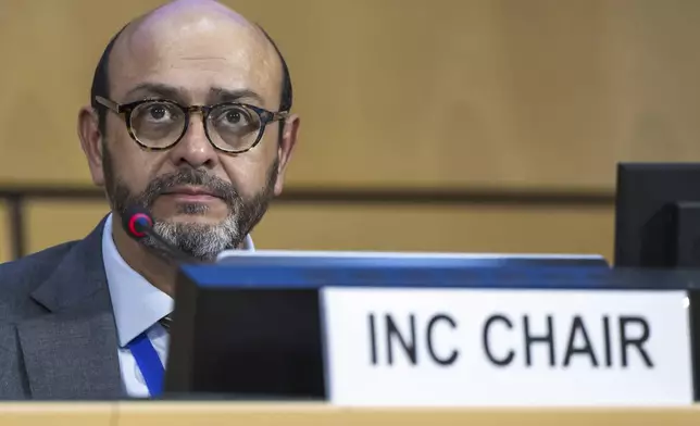 Chair of the International Negotiating Committee Luis Vayas Valdivieso speaks during a plenary session of Second Part of the Fifth Session of the Intergovernmental Negotiating Committee on Plastic Pollution (INC-5.2), at the European headquarters of the United Nations in Geneva, Switzerland, Thursday, Aug. 14, 2025. (Martial Trezzini/Keystone via AP)
