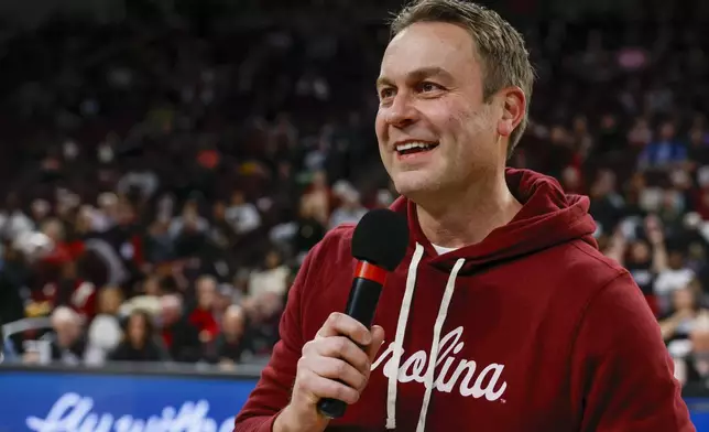 FILE - Jeremiah Donati, the new South Carolina director of athletics, speaks before an NCAA college basketball game between South Carolina and Duke in Columbia, S.C., Thursday, Dec. 5, 2024. (AP Photo/Nell Redmond, File)