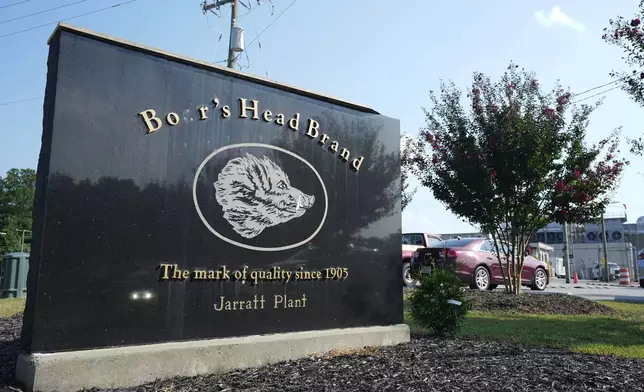 FILE - A sign marks the entrance of the Boar's Head processing plant in Jarratt, Va., on Thursday Aug. 29, 2024. (AP Photo/Steve Helber, File)