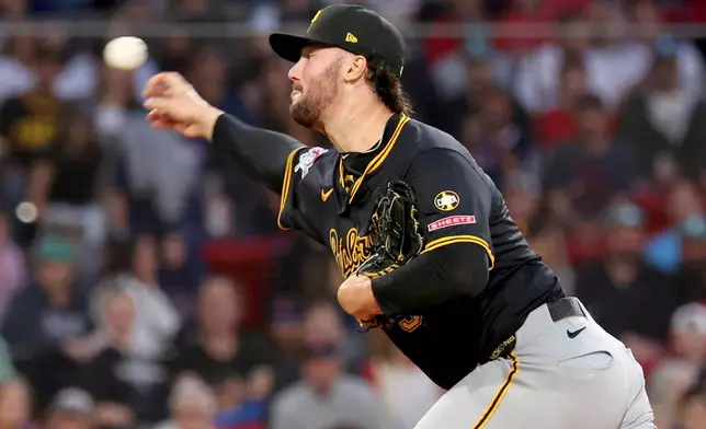 Pittsburgh Pirates pitcher Paul Skenes throws during the first inning of a baseball game against the Boston Red Sox, Friday, Aug. 29, 2025, in Boston. (AP Photo/Mark Stockwell)
