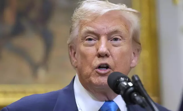 President Donald Trump speaks in the Roosevelt Room of the White House, Wednesday, July 30, 2025, in Washington. (AP Photo/Mark Schiefelbein)
