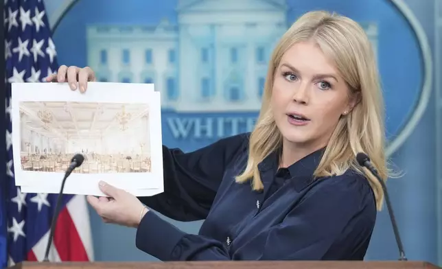 White House press secretary Karoline Leavitt holds up photos of the planned new White House ballroom during a press briefing at the White House in Washington, Thursday, July 31, 2025. (AP Photo/Mark Schiefelbein)