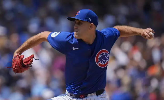 Chicago Cubs starting pitcher Matthew Boyd (16) throws against the Baltimore Orioles during the second inning of a baseball game Saturday, Aug. 2, 2025, in Chicago. (AP Photo/Erin Hooley)
