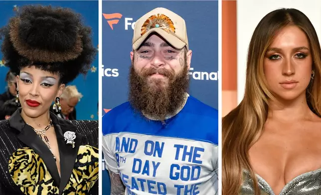 This photo combinations shows, from left, Doja Cat, May 5, 2025, in New York, Post Malone, Feb. 8, 2025, in New Orleans and Tate McRae, Sunday, March 2, 2025, in Beverly Hills, Calif. (Photo by Evan Agostini, Amy Harris, /Invision/AP)