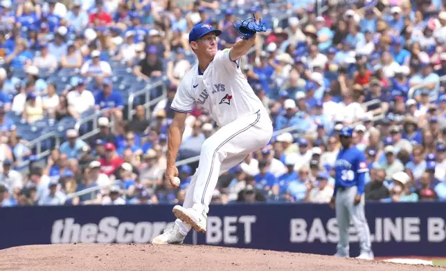 Toronto Blue Jays pitcher Chris Bassitt works against Kansas City Royals during the second inning of a baseball game in Toronto on Sunday Aug. 3, 2025. (Chris Young/The Canadian Press via AP)