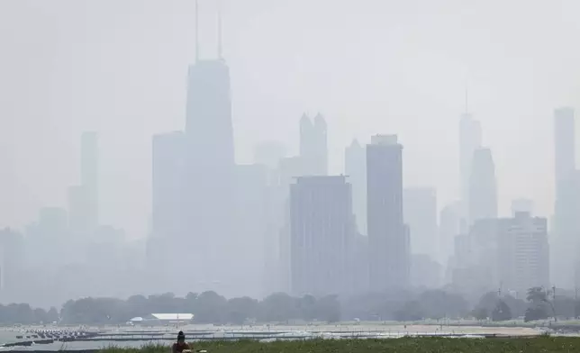 People sun tan in grass off the Lakefront Trail on the North Side as a haze of Canadian wildfire smoke blankets the Chicago area and creates poor air quality, Thursday, July 31, 2025. (Ashlee Rezin/Chicago Sun-Times via AP)