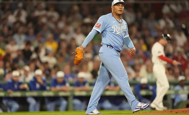 Kansas City Royals pitcher Angel Zerpa looks towards the Boston Red Sox dugout in the sixth of a baseball game, Tuesday, Aug. 5, 2025, in Boston. (AP Photo/Robert F. Bukaty)