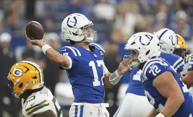 Indianapolis Colts quarterback Daniel Jones (17) throws during the first half of a preseason NFL football game against the Green Bay Packers, Saturday, Aug. 16, 2025, in Indianapolis. (AP Photo/Michael Conroy)