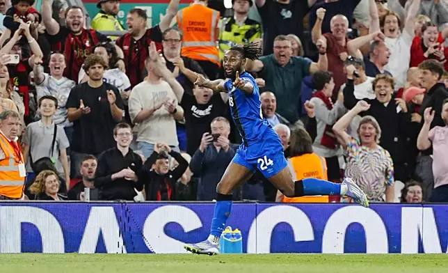 Bournemouth's Antoine Semenyo celebrates scoring their side's second goal of the game during the English Premier League soccer match between Liverpool and Bournemouth at Anfield in Liverpool, England, Friday, Aug. 15, 2025. (Peter Byrne/PA via AP)
