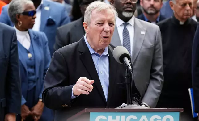 Senator Dick Durbin, D-Ill., speaks during a news conference at River Point Park, Monday, Aug. 25, 2025, in Chicago. (AP Photo/Nam Y. Huh)