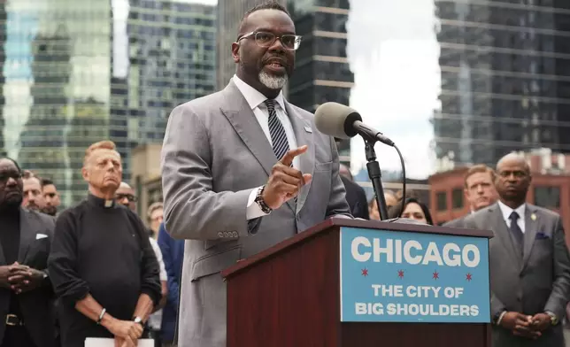 Chicago Mayor Brandon Johnson speaks during a news conference at River Point Park, Monday, Aug. 25, 2025, in Chicago. (AP Photo/Nam Y. Huh)