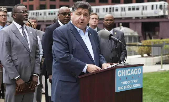 Illinois Governor JB Pritzker speaks during a news conference at River Point Park, Monday, Aug. 25, 2025, in Chicago. (AP Photo/Nam Y. Huh)