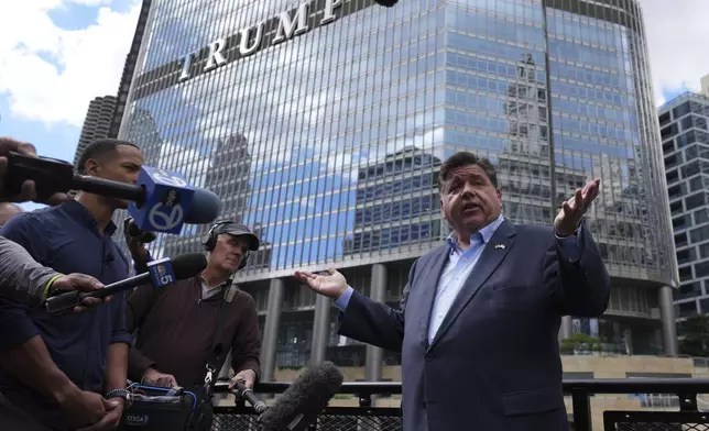 Illinois Governor JB Pritzker speaks at a news conference in a Chicago water taxi Monday, Aug. 25, 2025, in Chicago. (AP Photo/Nam Y. Huh)