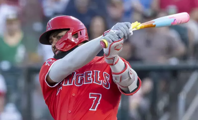 Los Angeles Angels' Jo Adell breaks his bat during the second inning of a baseball game against the Athletics Friday, Aug. 15, 2025, in West Sacramento, Calif. (AP Photo/Sara Nevis)