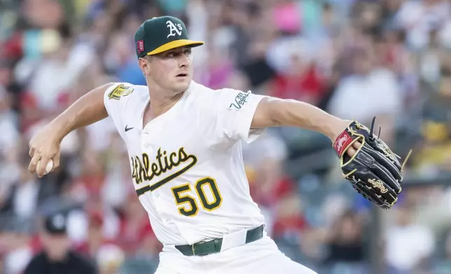Athletics pitcher Jack Perkins throws to the Los Angeles Angels during the second inning of a baseball game Friday, Aug. 15, 2025, in West Sacramento, Calif. (AP Photo/Sara Nevis)