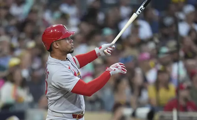 St. Louis Cardinals' Willson Contreras watches his home run during the fifth inning of a baseball game against the San Diego Padres Friday, Aug. 1, 2025, in San Diego. (AP Photo/Gregory Bull)