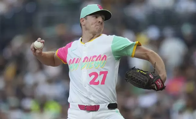 San Diego Padres starting pitcher Nick Pivetta works against a St. Louis Cardinals batter during the second inning of a baseball game Friday, Aug. 1, 2025, in San Diego. (AP Photo/Gregory Bull)