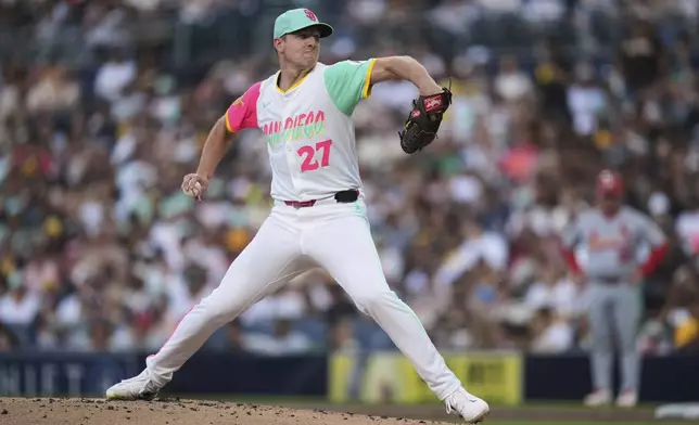 San Diego Padres starting pitcher Nick Pivetta works against a St. Louis Cardinals batter during the second inning of a baseball game Friday, Aug. 1, 2025, in San Diego. (AP Photo/Gregory Bull)