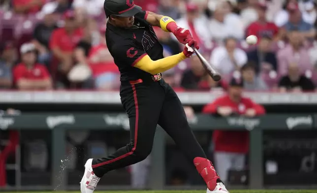 Cincinnati Reds' Noelvi Marte hits a solo home run during the first inning of a baseball game against the St. Louis Cardinals Friday, Aug. 29, 2025, in Cincinnati. (AP Photo/Carolyn Kaster)