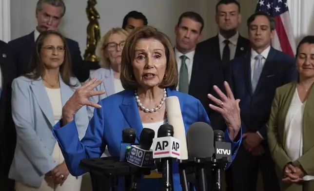 Rep. Nancy Pelosi speaks in support of the Texas Democratic lawmakers for their walk out to block a vote on a congressional redistricting plan sought by President Donald Trump, during a news conference in Sacramento, Calif., Friday Aug. 8, 2025. (AP Photo/Rich Pedroncelli)