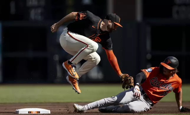 San Francisco Giants second baseman Casey Schmitt can't force out Baltimore Orioles' Jackson Holliday on a throwing error by teammate shortstop Willy Adames during the first inning of a baseball game in San Francisco, Saturday, Aug. 30, 2025. (Stephen Lam/San Francisco Chronicle via AP)