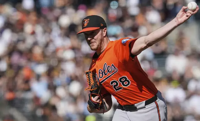 Baltimore Orioles' Trevor Rogers pitches to a San Francisco Giants batter during the first inning of a baseball game Saturday, Aug. 30, 2025, in San Francisco. (AP Photo/Godofredo A. Vásquez)