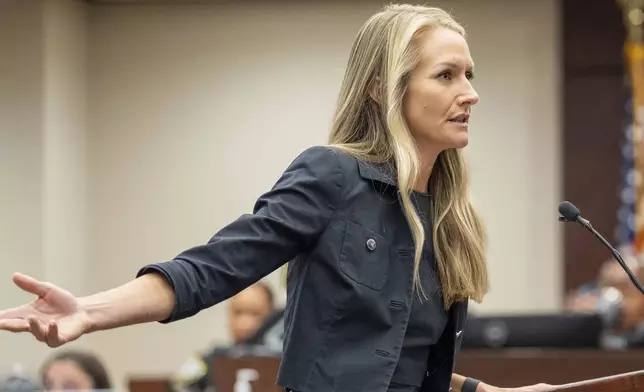 ASA Sarah Kathryn Dugan presents the State's opening statement to the jury in the trial for Donna Adelson on Friday, Aug. 22, 2025 in Tallahassee, Fla. (Alicia Devine/Tallahassee Democrat via AP, Pool)