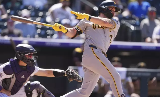 Pittsburgh Pirates' Spencer Horwitz grounds out to drive in a run as Colorado Rockies catcher Hunter Goodman covers his position in the eighth inning of a baseball game, Sunday, Aug. 3, 2025, in Denver. (AP Photo/David Zalubowski)