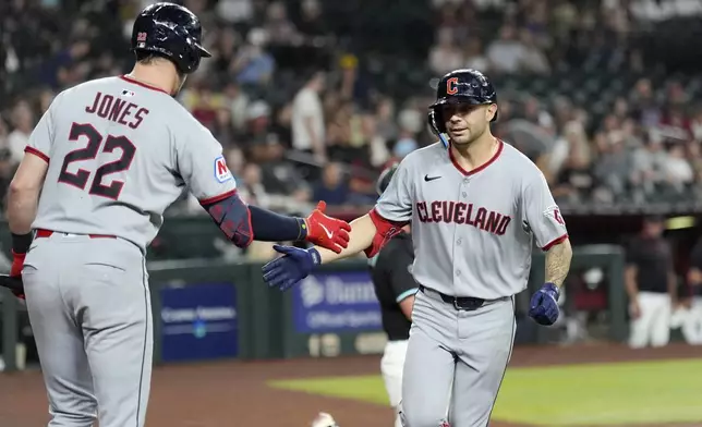 Cleveland Guardians' C.J. Kayfus, right, celebrates his home run against the Arizona Diamondbacks with Guardians' Nolan Jones (22) during the second inning of a baseball game Monday, Aug. 18, 2025, in Phoenix. (AP Photo/Ross D. Franklin)