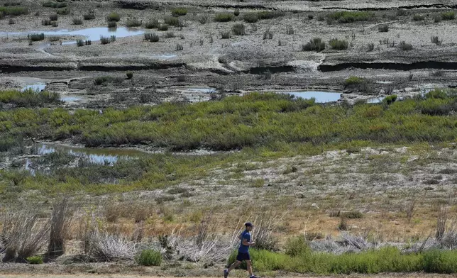 A man runs on a trail at Bedwell Bayfront Park as the Ravenswood Pond R4 is seen in the background, Thursday, Aug. 14, 2025, in Menlo Park, Calif. The pond is part of the South Bay Salt Pond Restoration Project. (AP Photo/Godofredo A. Vásquez)