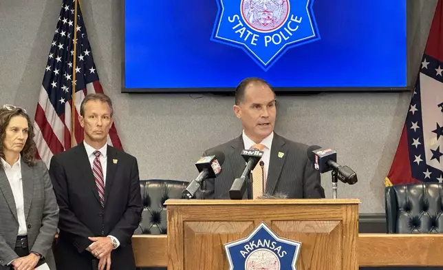 Arkansas State Police Director Col. Mike Hagar speaks at a news conference at the State Police headquarters in Little Rock, Ark., on Thursday, July 31, 2025. (Andrew DeMillo/AP Photo)