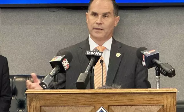 Arkansas State Police Director Col. Mike Hagar speaks at a news conference at the State Police headquarters in Little Rock, Ark., on Thursday, July 31, 2025. (Andrew DeMillo/AP Photo)