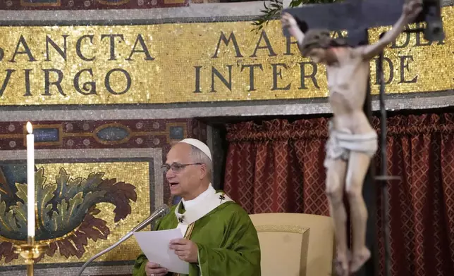 Pope Leo XIV celebrates a Mass at the Santa Maria della Rotonda Sanctuary in Albano Laziale, Sunday, Aug. 17, 2025. (AP Photo/Gregorio Borgia, Pool)