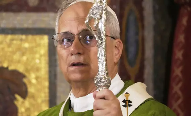 Pope Leo XIV celebrates a Mass at the Santa Maria della Rotonda Sanctuary in Albano Laziale, Sunday, Aug. 17, 2025. (AP Photo/Gregorio Borgia, Pool)