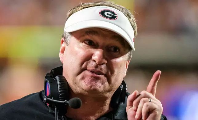 FILE - Georgia head coach Kirby Smart argues with an official during the second half of an NCAA college football game in Austin, Texas, Saturday, Oct. 19, 2024. (AP Photo/Rodolfo Gonzalez, File)