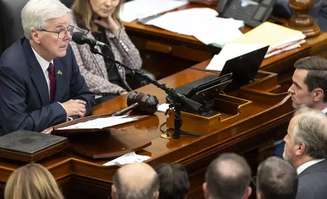 Texas Lt. Gov. Dan Patrick speaks to lawmakers during a special session in the Senate Chamber at the Texas Capitol in Austin, Texas, Saturday, Aug. 23, 2025. (AP Photo/Stephen Spillman)