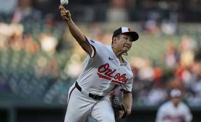 Baltimore Orioles starting pitcher Tomoyuki Sugano delivers during the second inning of a baseball game against the Boston Red Sox, Monday, Aug. 25, 2025, in Baltimore. (AP Photo/Stephanie Scarbrough)