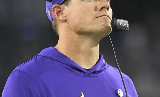 Minnesota Vikings head coach Kevin O'Connell watches from the sideline during the first half of a preseason NFL football game against the Tennessee Titans, Friday, Aug. 22, 2025, in Nashville, Tenn. (AP Photo/John Amis)