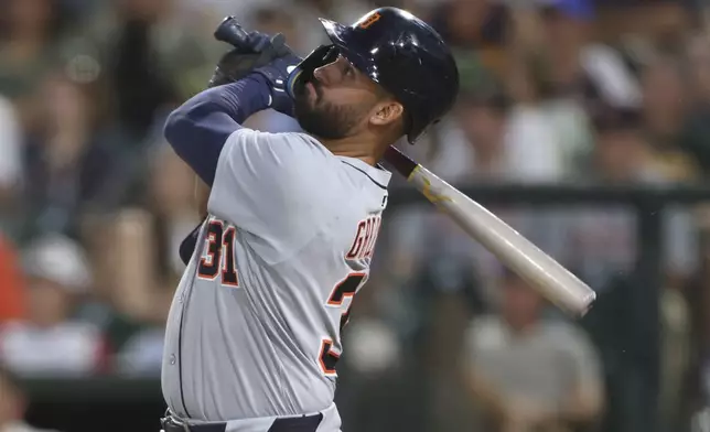 Detroit Tigers' Riley Greene hits a grand slam during the third inning of a baseball game against the Athletics, Tuesday, Aug. 26, 2025, in West Sacramento, Calif. (AP Photo/Scott Marshall)