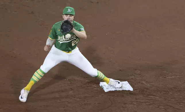 Athletics second baseman Zack Gelof catches a baseball for the force out during the sixth inning of a baseball game against the Detroit Tigers, Tuesday, Aug. 26, 2025, in West Sacramento, Calif. (AP Photo/Scott Marshall)